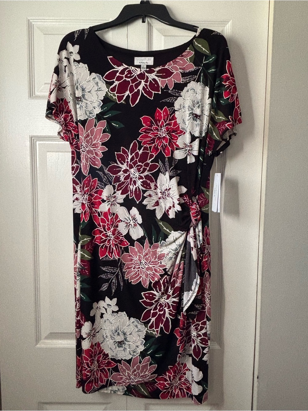 Robbie Bee Black Floral Side-Tie Tunic Dress - Pink, White & Green Flowers